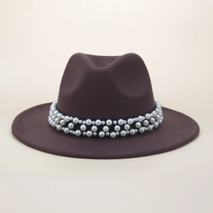 Elegant dark brown fedora wool hat for women with luxury pearl ribbon decoration