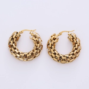 Polished gold circular hoop earrings with intricate woven mesh texture on white background