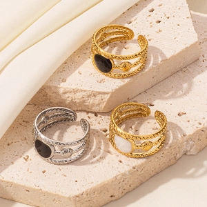 Three-layer braided stainless steel open rings with inlaid black and white gemstones