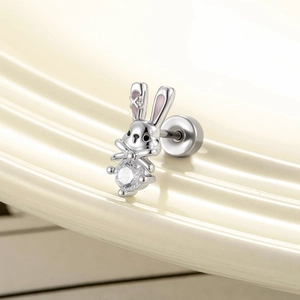 Cute pink enamel rabbit stud earring in silver metal with sparkling cubic zirconia stone