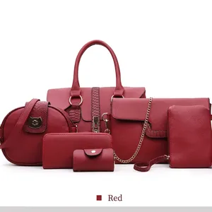 Red six-piece faux leather handbag set with lychee texture and gold-tone hardware