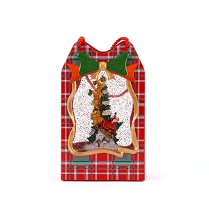 Lighted musical Christmas gift bag box with snowman and reindeer in red plaid design