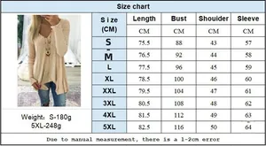 Detailed size chart for women long sleeve knit sweater with length and bust measurements