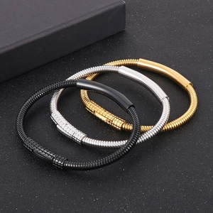 Three-piece stainless steel snake chain bracelets in black, silver, and gold finishes