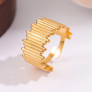 18k gold plated titanium steel open ring with vertical geometric line wave design
