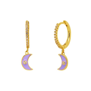 S925 silver needle gold hoop earrings with purple crescent moon charms and zircon accents