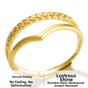 Detail view of gold-plated V-shaped layered ring with rope texture and wave design