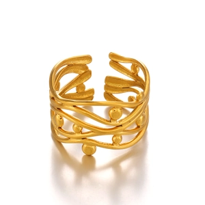 18K gold plated stainless steel open bangle with multi-layer wavy lines and beads