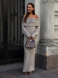 Elegant oatmeal off-shoulder knit maxi dress with long sleeves and ribbed texture