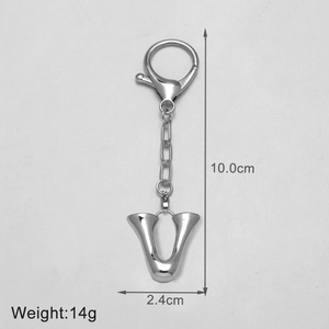 Polished silver letter V keychain with dimensions 10.0cm length and 14g weight details