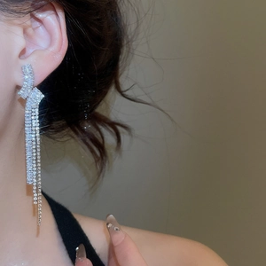 Dettaglio di orecchini a nappa lunga in argento con pietre di zircone indossati dal modello