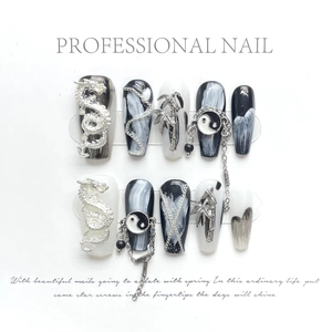 Handmade Chinese ink-wash press-on nails with 3D silver dragon and bamboo details