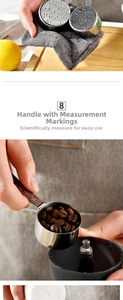 Detail of 30ml stainless steel measuring spoon with engraved scale and silicone handle