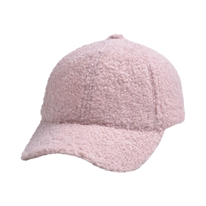 Close-up of pink lamb wool baseball cap showing soft texture and stitching detail