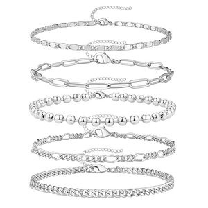 Set of five silver fashion bracelets featuring snake, paperclip, and bead chain styles
