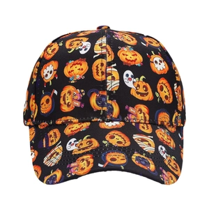 Halloween baseball cap with colorful pumpkin and ghost prints on black background