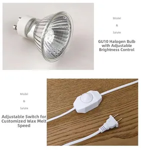 Detail view of GU10 halogen bulb and adjustable dimmer switch for marble wax melt lamps