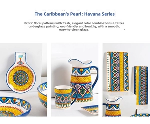 Macro shot of hand-painted underglaze ceramic texture on colorful Havana style dinnerware