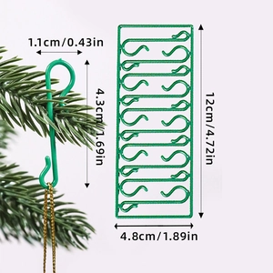 Detailed dimensions of green plastic S-shaped hooks for Christmas tree ornaments