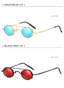 Vertical view of retro steampunk flip-up sunglasses in blue-gold and red-black finishes