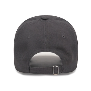 Back view of distressed dark grey baseball cap with 6-panel structure and metal buckle