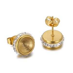 Macro detail of gold round stud earrings with micro-set white cubic zirconia stones