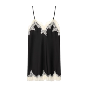 Women Sexy Satin Cami Nightdress V-Neck Eyelash Lace Trim Contrast Color Sleepwear Chemise
