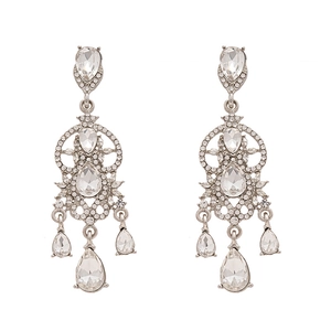 Elegant silver-tone water drop earrings with dazzling geometric rhinestones in luxury style