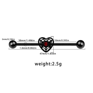 Detailed size chart for black heart spider industrial barbell with red zircon gemstone