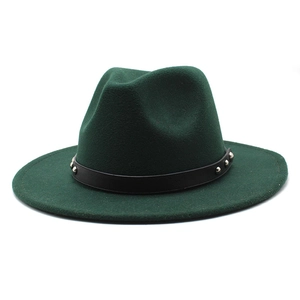 Detail of dark green wool felt fedora with black leather band and silver metal rivets
