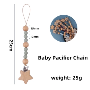 Handmade beech wood and silicone baby pacifier clip chain with 25cm length safety dimensions