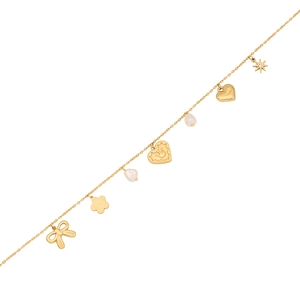 Golden titanium necklace with butterfly, heart, and pearl charms on white background