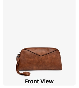 Detailed front view of vintage brown faux leather pouch with V-shaped stitching detail