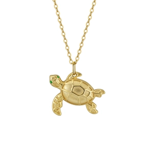 Elegant gold sea turtle pendant necklace with green stones on delicate O-chain link