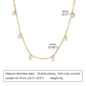 Detail view of gold-plated stainless steel necklace with white cubic zirconia pendant specs