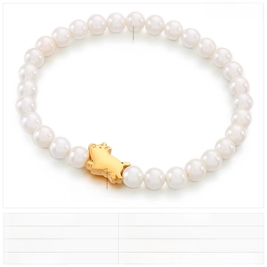 Detail of shell pearl bracelet with a golden stainless steel pig charm and size chart
