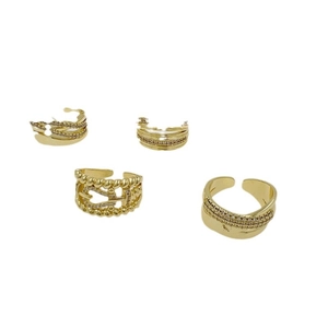 Set of four 18K gold plated adjustable rings with zircons and beaded textures