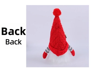 Back view of a Christmas gnome figurine featuring red knitted hat and white plush base