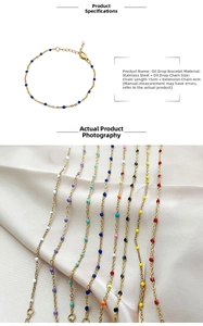Detail of colorful enamel bead chain bracelet with size specs 15cm plus 4cm extender