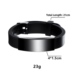 Detail view of adjustable black silicone ID bracelet with 4x1.5cm steel plate