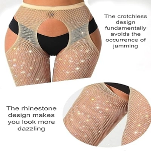Glinsterende beige visnetpanty met strass-steentjes en open kruis ontwerp
