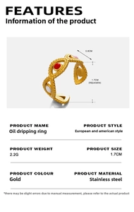 Detail view of gold stainless steel evil eye ring with dimensions and 2.2g weight