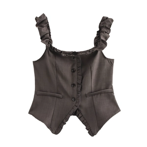 Gilet da donna grigio scuro stile preppy con spalline a volant e chiusura a bottoni