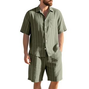 Men's summer linen set with striped short sleeve shirt and beach shorts in olive green