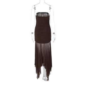 Detail showing the brown strapless bodice with pleated fabric and mesh skirt patchwork