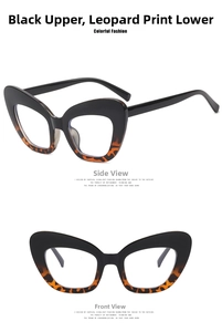 Cat eye glasses frame with black and leopard print finish shown from multiple angles