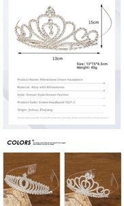 Detailed view of rhinestone tiara dimensions 13x15x4.5cm and silver alloy crown comb
