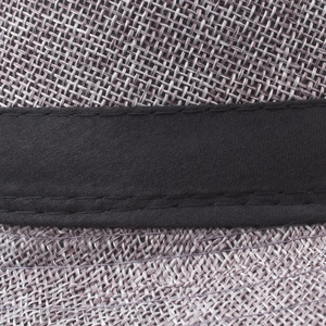 Wide brim jazz sun hat with grey-purple woven texture and black satin decorative band