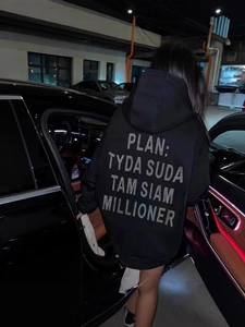 Oversize black rhinestone hoodie for women featuring back crystal lettering design