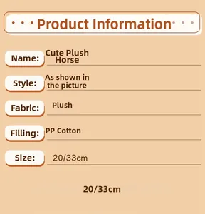 Detailed size and material specification chart for the plush horse doll with PP cotton